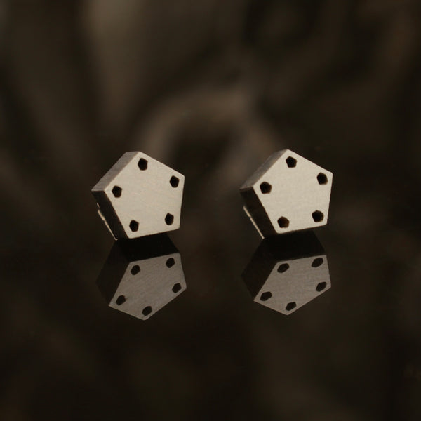 Small black pentagon wooden studs - handmade in Ireland by jewellery designer Rowena Sheen
