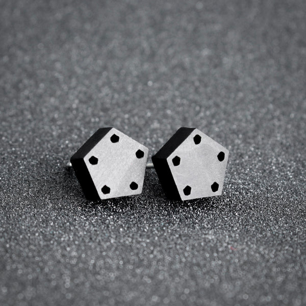 Small black pentagon wooden studs - handmade in Ireland by jewellery designer Rowena Sheen