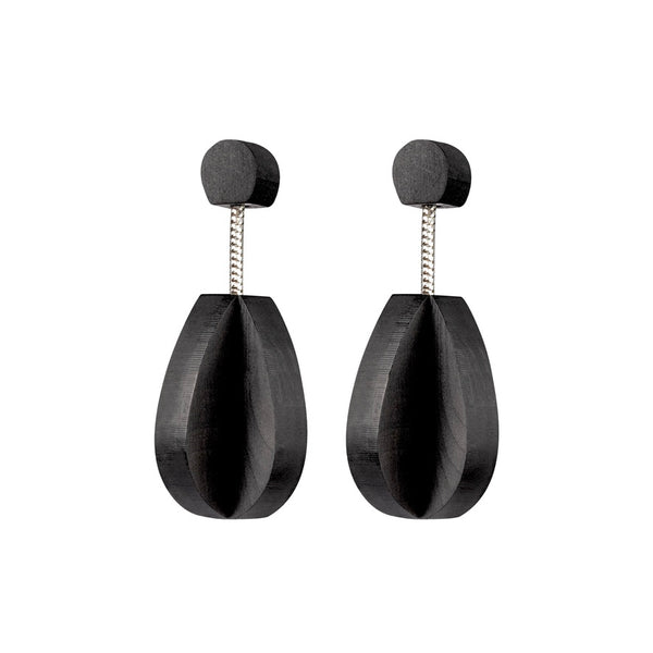 Deoir - Teardrop shaped wooden drop earrings made from two interlocking planes, in black. Handmade by jewellery designer Rowena Sheen 