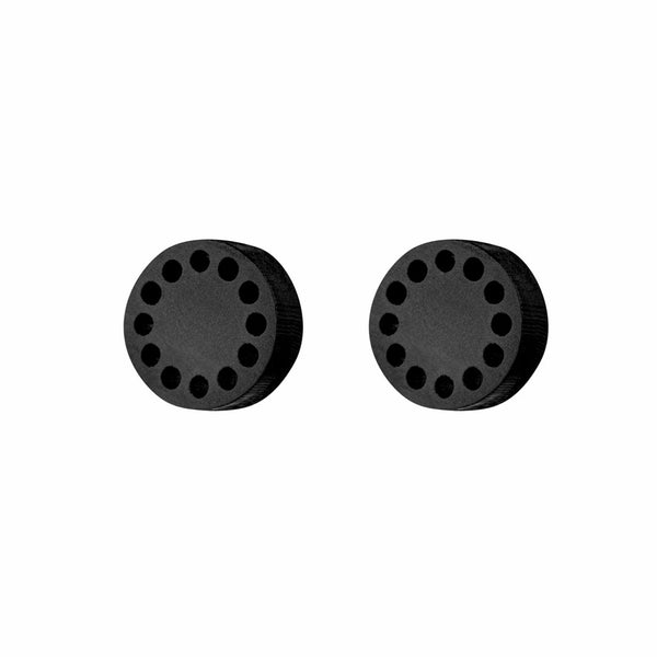 Grain - Circular wooden stud earrings with cutwork in black - handmade in Ireland by Irish jewellery designer Rowena Sheen