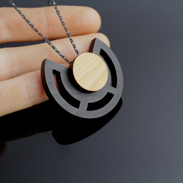 Clara - Geometric statement pendant in wood and sterling silver - made in Ireland