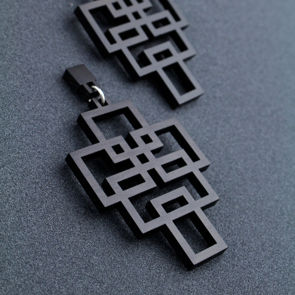 Tetris - Geometric wooden pendant earrings in black - Handmade in Ireland by Rowena Sheen