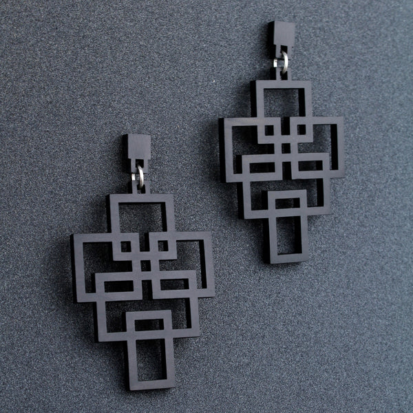 Tetris - Geometric wooden pendant earrings in black - Handmade in Ireland by Rowena Sheen