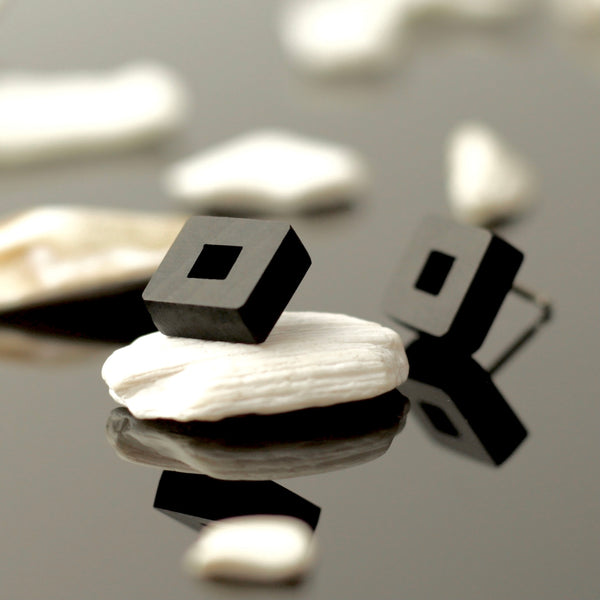 Owey - Small square wooden studs in black - handmade in Ireland by Irish jewellery designer Rowena Sheen
