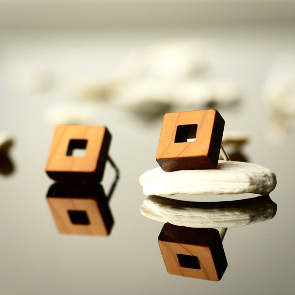 Owey - Small square wooden stud earrings- handmade in Ireland by Irish jewellery designer Rowena Sheen