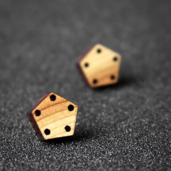 Small pentagon wooden studs - handmade in Ireland by jewellery designer Rowena Sheen