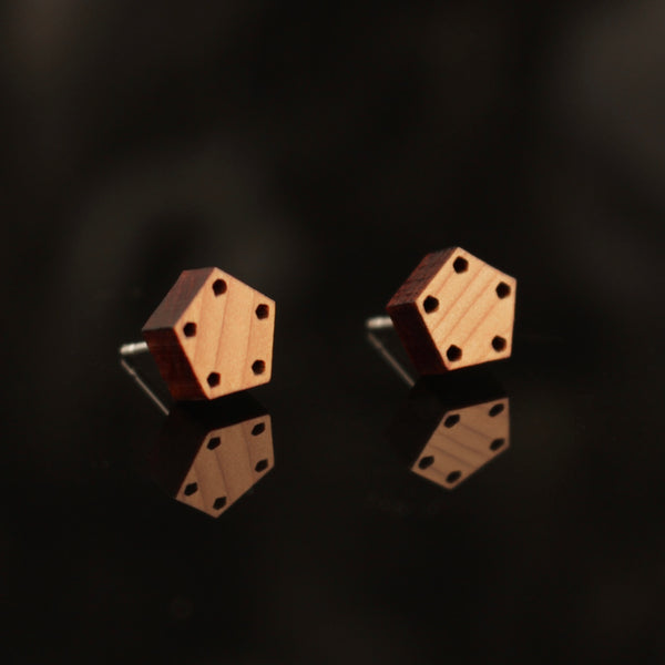 Small pentagon wooden studs - handmade in Ireland by jewellery designer Rowena Sheen