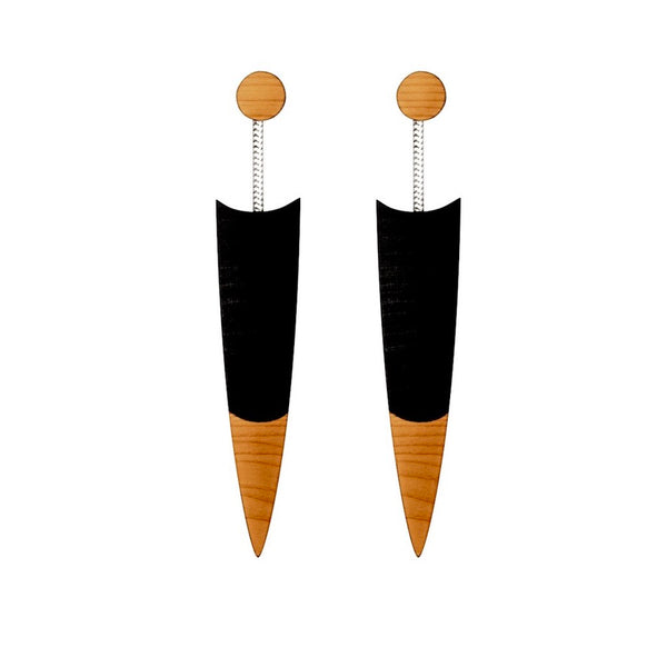 Quill - Contemporary wooden drop earrings  in black by Irish jewellery designer Rowena Sheen 
