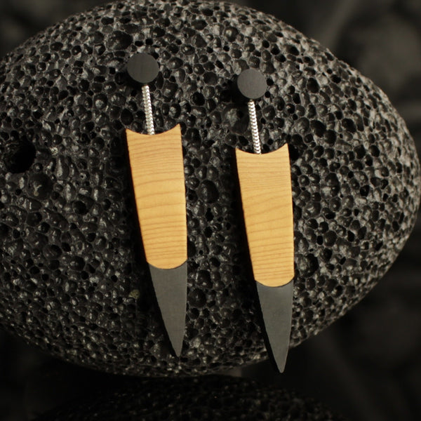 Quill - Contemporary wooden drop earrings by Irish jewellery designer Rowena Sheen 