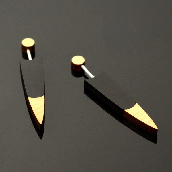 Quill - Contemporary wooden drop earrings by Irish jewellery designer Rowena Sheen