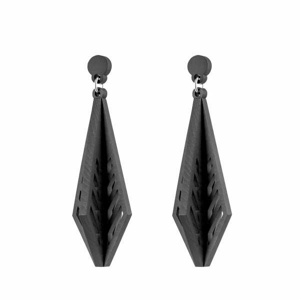 Shiraz - Architectural Large Wooden Pendant Earring in black  - Handmade in Ireland by Irish Jewellery Designer Rowena Sheen s