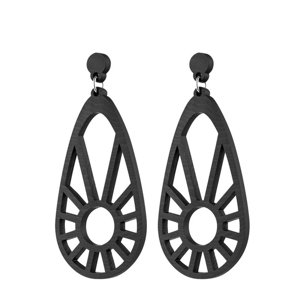 Sundial - Large Radial Wooden Pendant Earrings in Black - Irish Jewellery handmade by designer Rowena Sheen
