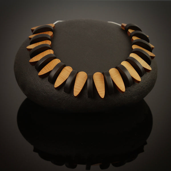 Trace - Ebonised and natural Yew wood necklace, handmade in Ireland by Rowena Sheen 