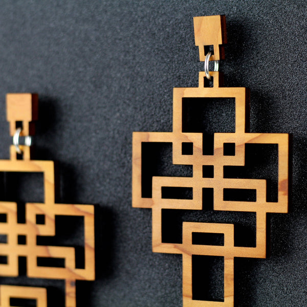 Tetris - Geometric wooden pendant earrings - Handmade in Ireland by Rowena Sheen