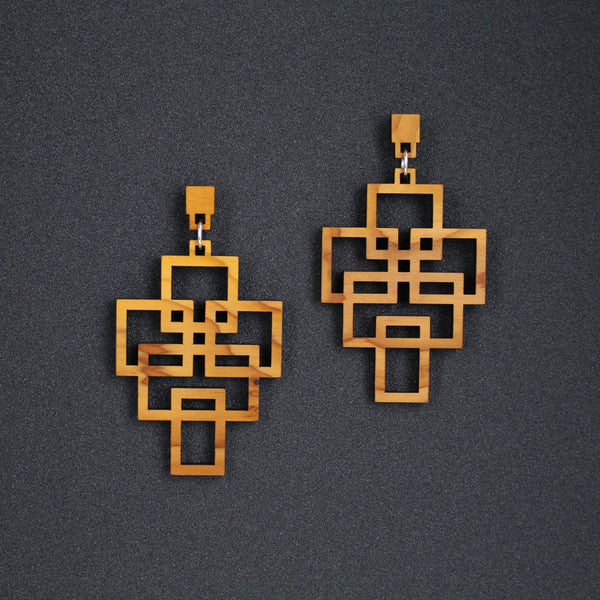 Tetris - Geometric wooden pendant earrings - Handmade in Ireland by Rowena Sheen