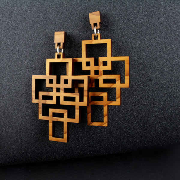 Tetris - Geometric wooden pendant earrings - Handmade in Ireland by Rowena Sheen