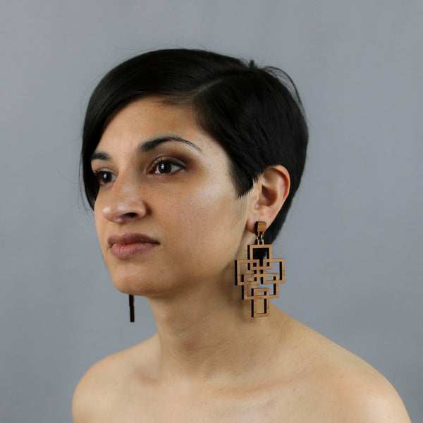 Tetris - Geometric wooden pendant earrings - Handmade in Ireland by Rowena Sheen 