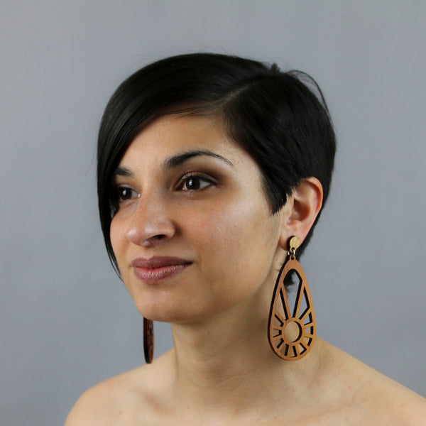 Sundial - Large Radial Wooden Pendant Earrings - Irish Jewellery handmade by designer Rowena Sheen