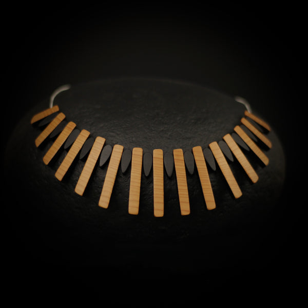 Cadence wooden necklace on sterling silver chain. Handmade in Ireland by Rowena Sheen 
