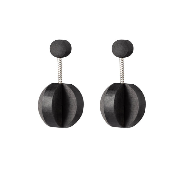 Cruinn - Interlocking sphere shaped wooden drop earrings in black, on sterling silver chain. Handmade in Ireland by jewellery designer Rowena Sheen 