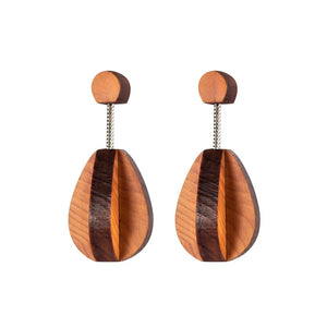 Deoir - Teardrop shaped wooden drop earrings made from two interlocking planes. Handmade by jewellery designer Rowena Sheen 