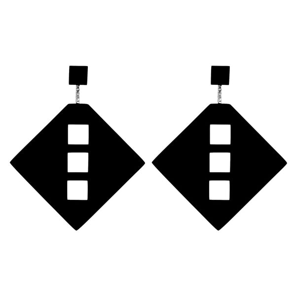 Fwin - Large Geometric Wooden Drop Earrings in Black with cut out windows - handmade in Ireland by designer Rowena Sheen 