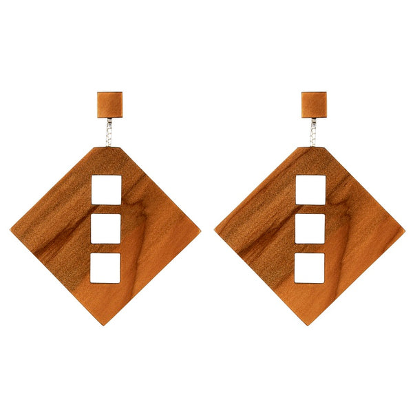 Fwin - Large Geometric Wooden Drop Earrings with cut out windows - handmade in Ireland by designer Rowena Sheen 