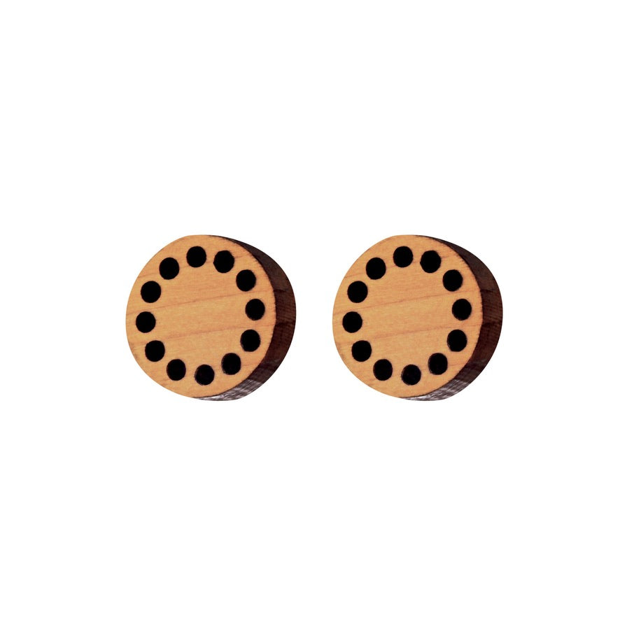 Grain - Circular wooden stud earrings with cutwork - handmade in Ireland by Irish jewellery designer Rowena Sheen 