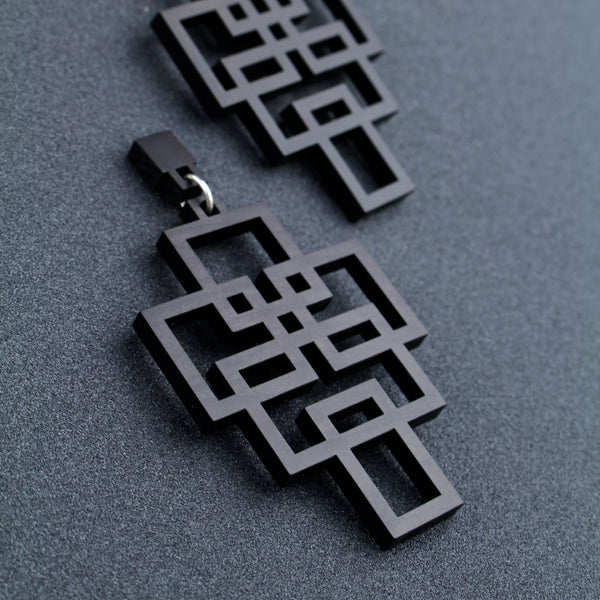 Tetris - Geometric wooden pendant earrings in black - Handmade in Ireland by Rowena Sheen 