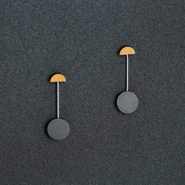 Miro - Lightweight geometric wooden drop earrings in black - handmade in Ireland by Irish jewellery designer Rowena Sheen 