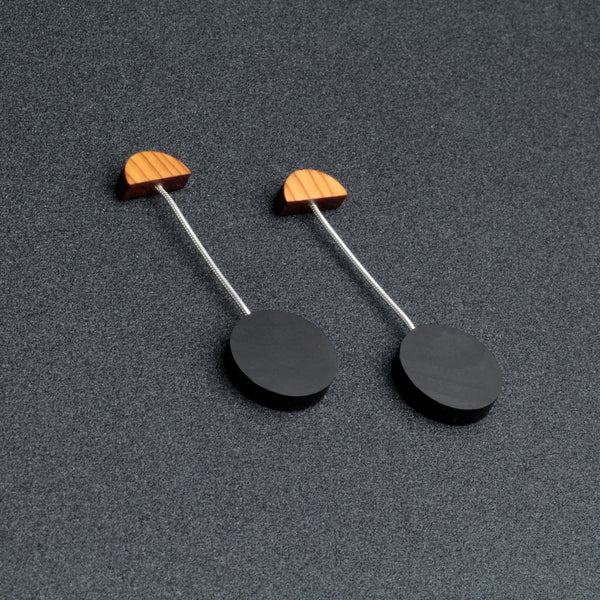 Miro - Lightweight geometric wooden drop earrings in black - handmade in Ireland by Irish jewellery designer Rowena Sheen 
