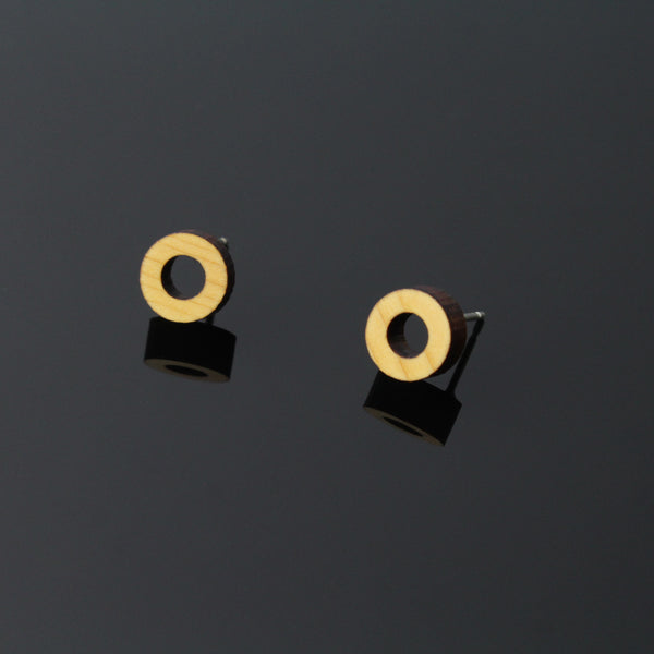 Mini-O - Small hoop shaped wooden stud earrings - handmade in Ireland by Irish jewellery designer Rowena Sheen 