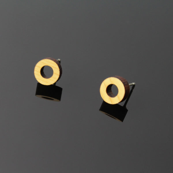 Mini-O - Small hoop shaped wooden stud earrings - handmade in Ireland by Irish jewellery designer Rowena Sheen 