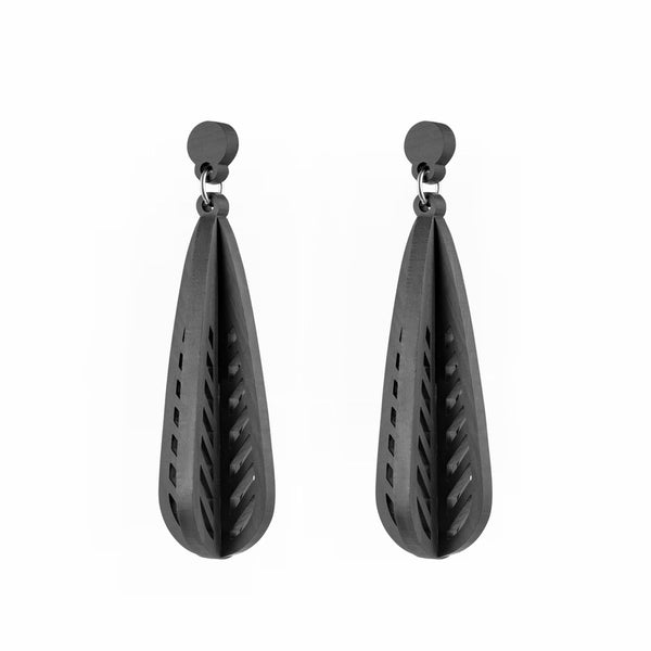 Isfahan - Large intricately cut wooden pendant earrings in black - Handmade in Ireland by Irish jewellery designer Rowena Sheen