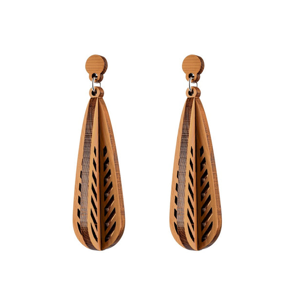 Isfahan - Large intricately cut wooden pendant earrings - Handmade in Ireland by Irish jewellery designer Rowena Sheen