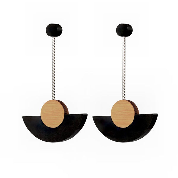 Kandinsky - Geometric wooden drop earrings in black - handmade in Ireland by Irish jewellery designer Rowena Sheen 