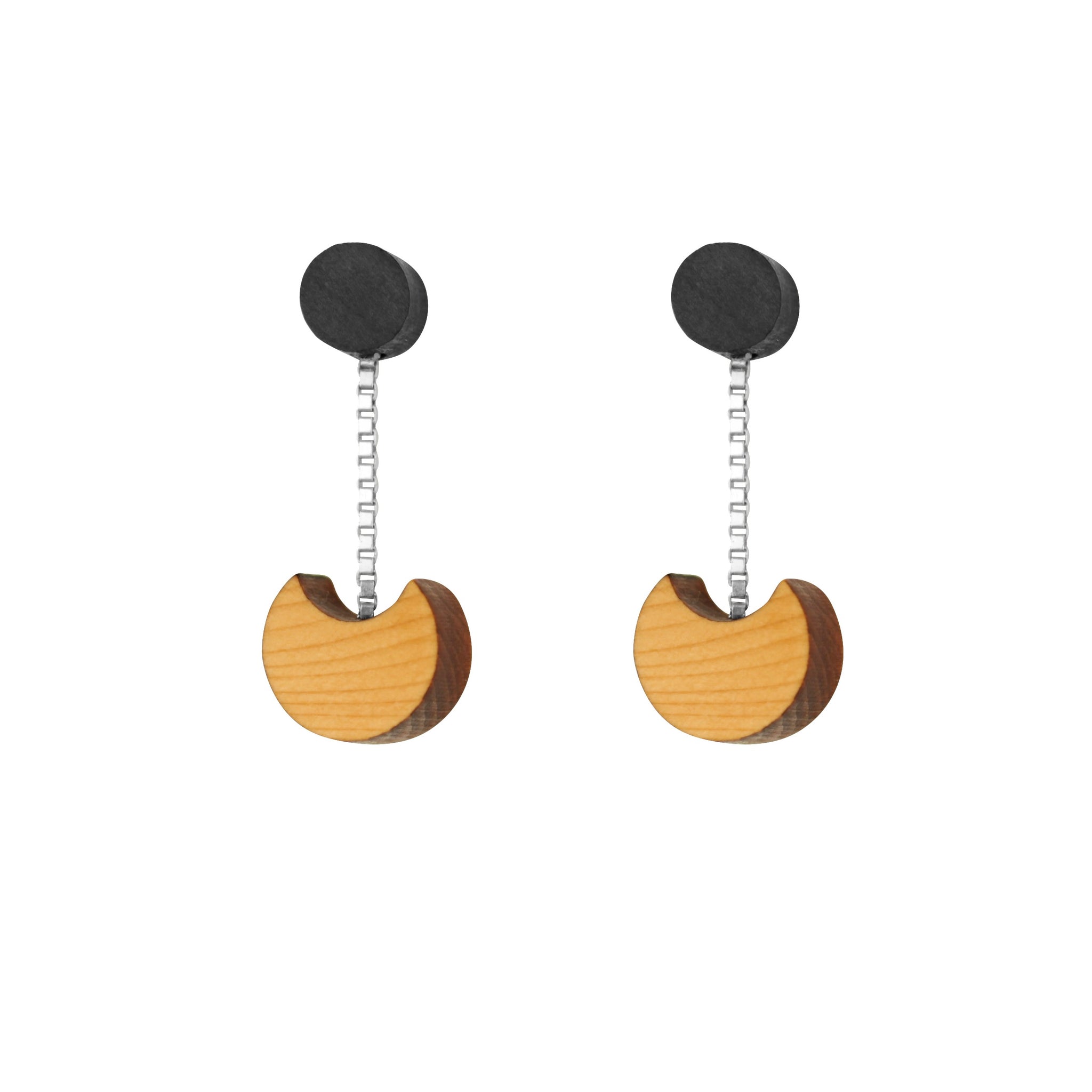 Yew wood and sterling silver dainty drop earrings in natural wood with black stud  - handmade in Ireland by jewellery designer Rowena Sheen 