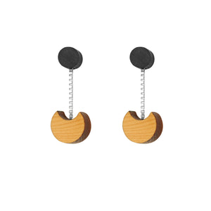 Yew wood and sterling silver dainty drop earrings in natural wood with black stud  - handmade in Ireland by jewellery designer Rowena Sheen 