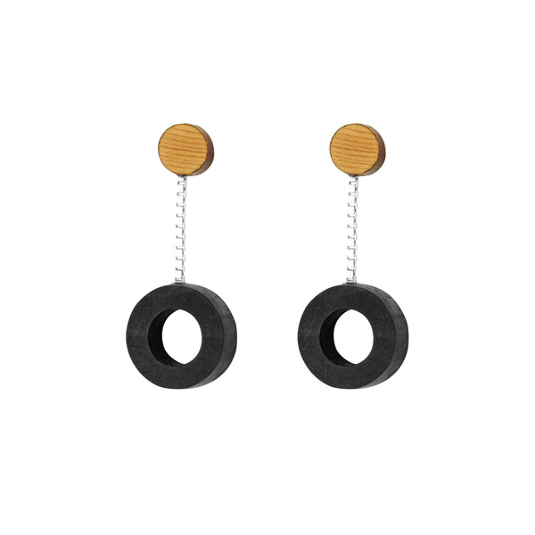 Yew wood and sterling silver dainty drop earrings in black  with wood stud - handmade in Ireland by jewellery designer Rowena Sheen 