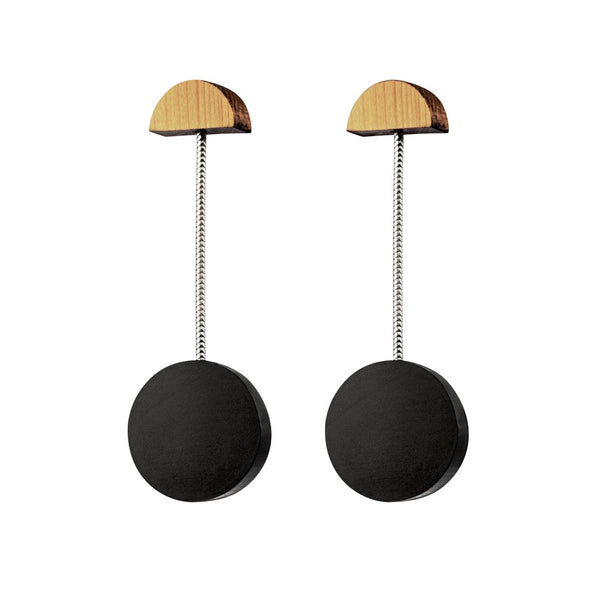 Miro - Lightweight geometric wooden drop earrings in black - handmade in Ireland by Irish jewellery designer Rowena Sheen 