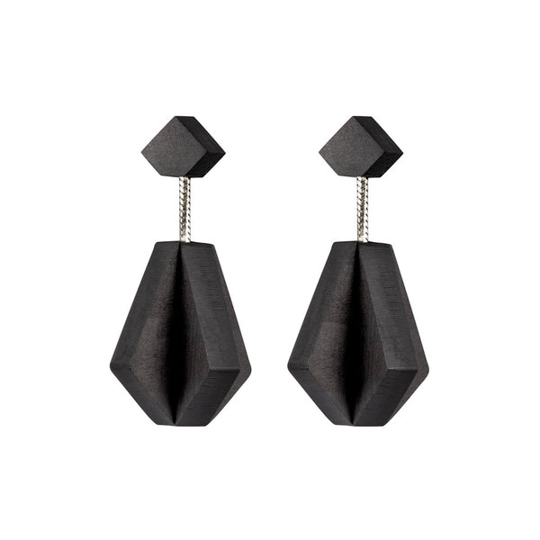 Muileata - Diamond shaped three-dimensional wooden drop earrings in black - Handmade in Ireland by Rowena Sheen 