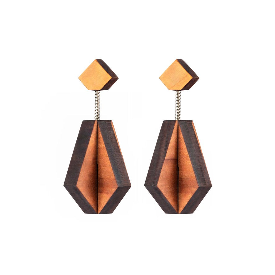 Muileata - Diamond shaped three-dimensional wooden drop earrings - Handmade in Ireland by Rowena Sheen 