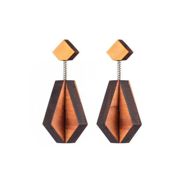 Muileata - Diamond shaped three-dimensional wooden drop earrings - Handmade in Ireland by Rowena Sheen 