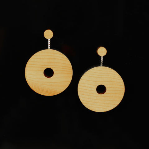 Oriel - Large and lightweight disc shaped drop earrings in Yew wood and sterling silver - handmade in Ireland by Rowena Sheen 