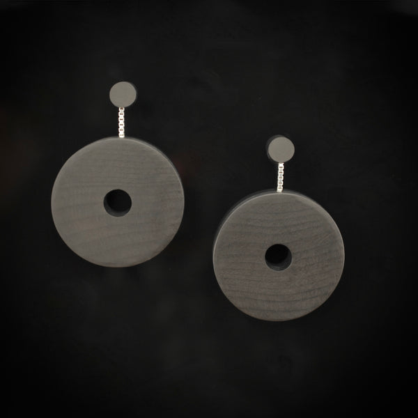 Oriel - Large and lightweight disc shaped Black drop earrings in Yew wood and sterling silver - handmade in Ireland by Rowena Sheen 