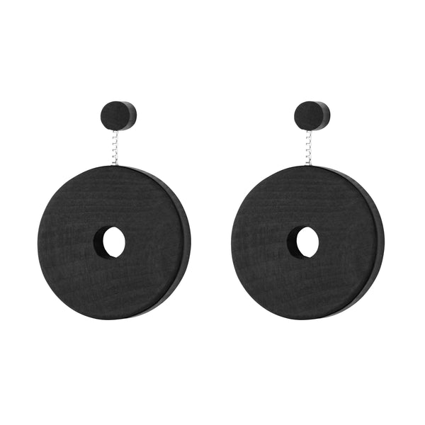 Oriel - Large and lightweight disc shaped Black drop earrings in Yew wood and sterling silver - handmade in Ireland by Rowena Sheen 