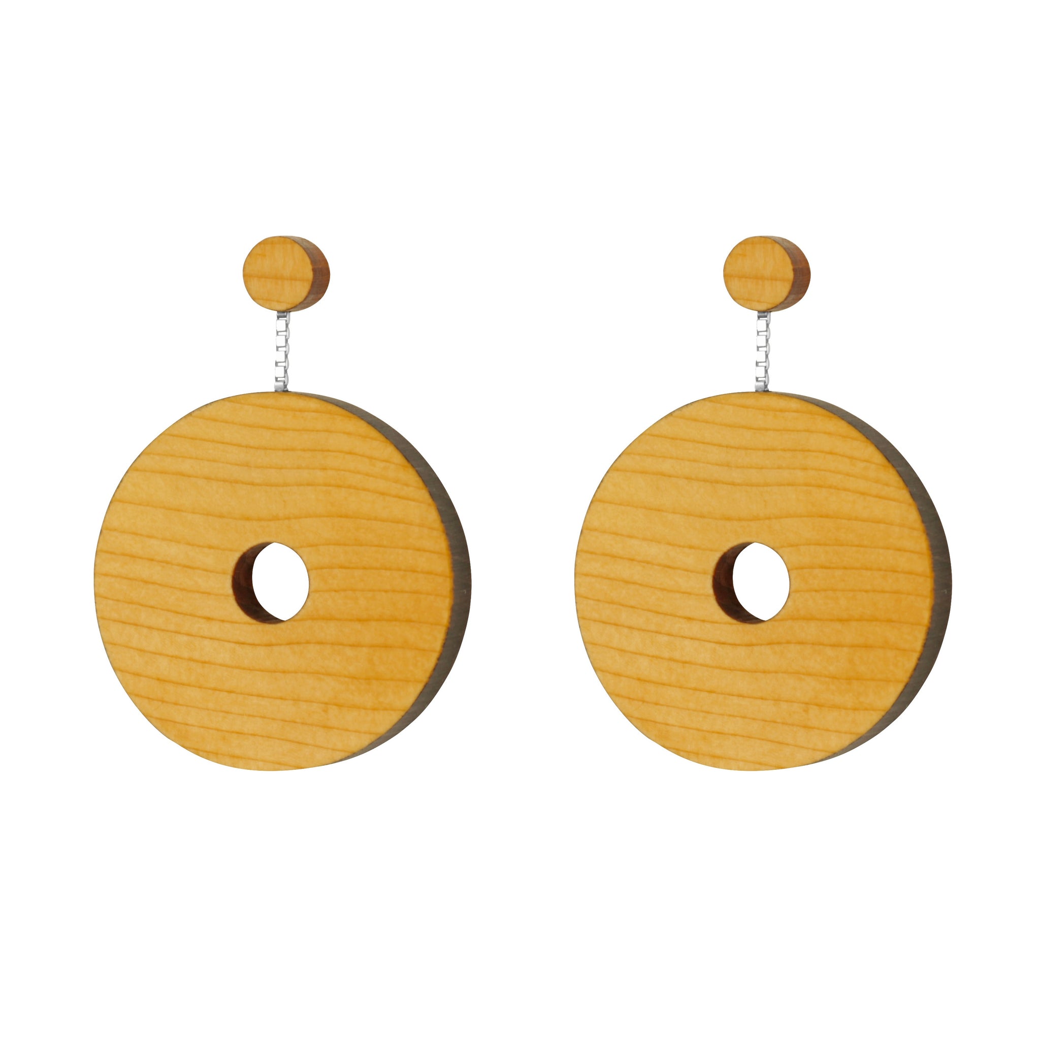 Oriel - Large and lightweight disc shaped drop earrings in Yew wood and sterling silver - handmade in Ireland by Rowena Sheen 