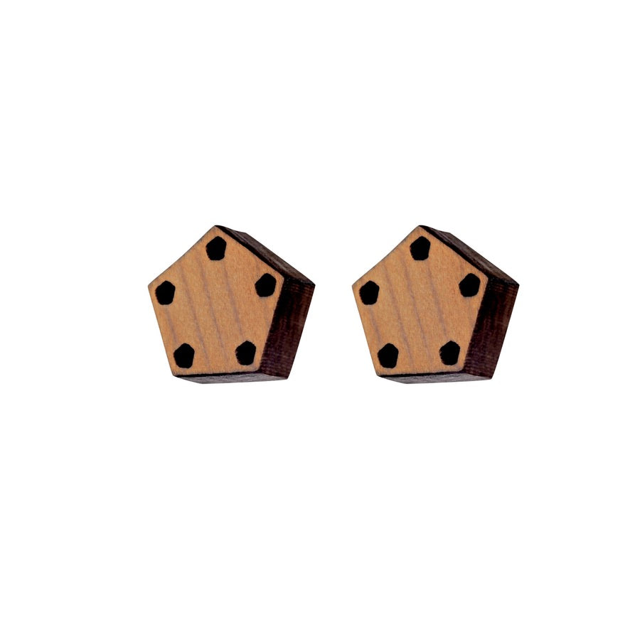Small pentagon wooden studs - handmade in Ireland by jewellery designer Rowena Sheen 