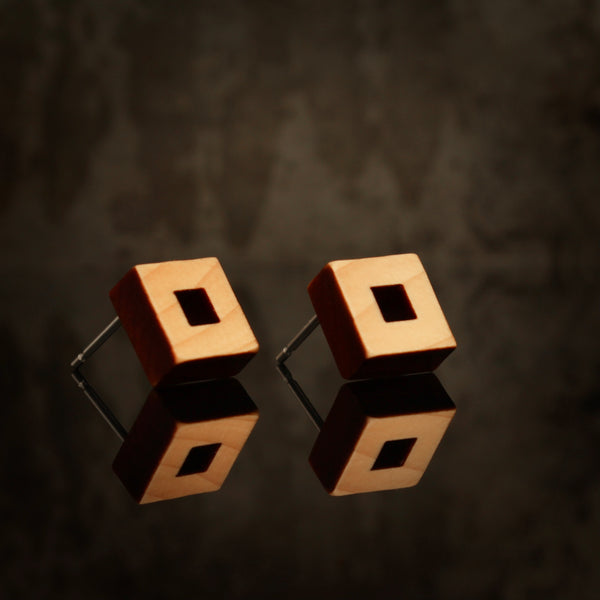 Owey - Small square wooden stud earrings- handmade in Ireland by Irish jewellery designer Rowena Sheen 