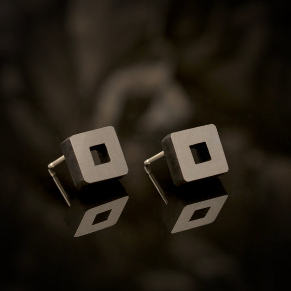 Owey - Small square wooden studs in black - handmade in Ireland by Irish jewellery designer Rowena Sheen 